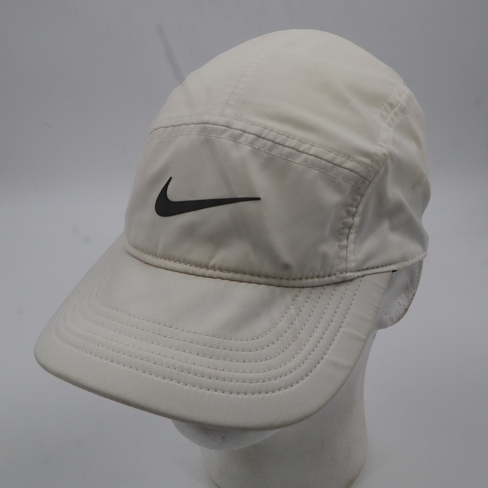 Nike AW84 Dri-FIT 5-Panel Hat Adjustable Off-White Black Swoosh Running Cap